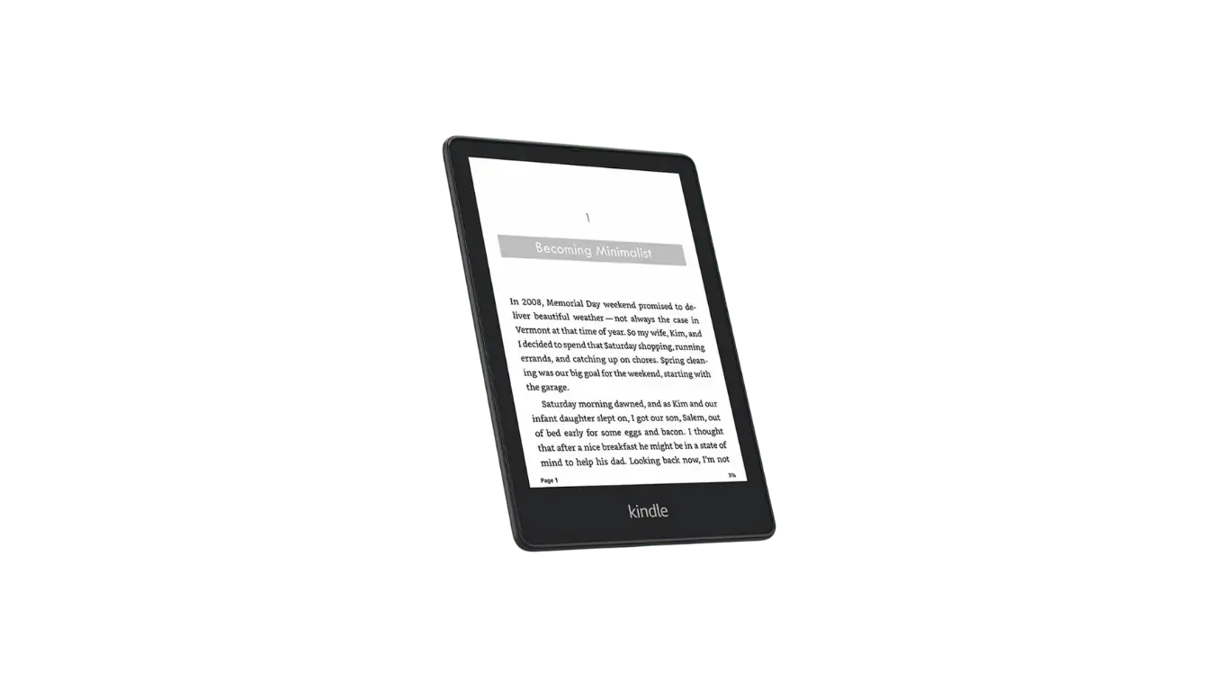 A Kindle Paperwhite displaying the beginning of a book titled "Becoming Minimalist" on its screen.